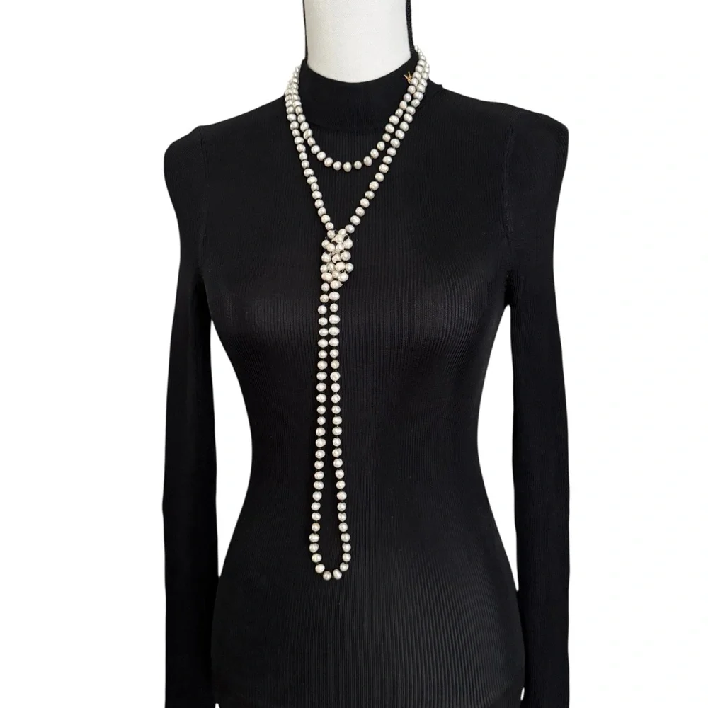 Carolee Classic White Pearl Long Necklace with Black Rhinestones